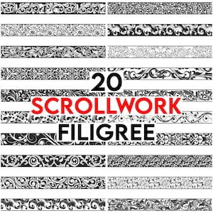 May include: A collection of 20 scrollwork filigree designs in black and white. Each design features intricate floral and ornamental patterns, perfect for various craft projects. The word "SCROLLWORK" is in red, and "FILIGREE" is in black.