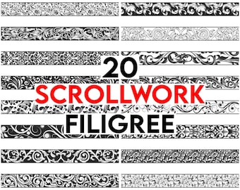 20 modèles de défilement en filigrane, conception ornementale de gravure laser de diapositive de défilement, armes à feu de défilement laser art bundle svg pdf