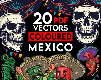 Lot de 20 décorations vectorielles colorées MEXICO, ornement de crâne mexicain, pdf