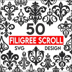 May include: A collection of 50 black filigree scroll designs on a white background. The text "50 FILIGREE SCROLL DESIGN SVG" is displayed in black and white with a red rectangular background.