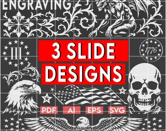 3 Slide Designs Ornamental scroll laser engraving, firearms scrollwork art bundle svg pdf eps ai