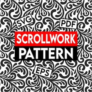 Peut inclure: Un motif de volutes noir et blanc remplit l'arrière-plan. Les mots "SCROLLWORK PATTERN" sont dans un rectangle rouge et noir. L'image comprend également les étiquettes de type de fichier "SVG", "PDF" et "EPS".