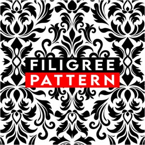 May include: Black and white filigree pattern with floral and scroll elements. The words "FILIGREE PATTERN" are displayed in a black and red rectangular box, centered on the image. The design is symmetrical and ornate.