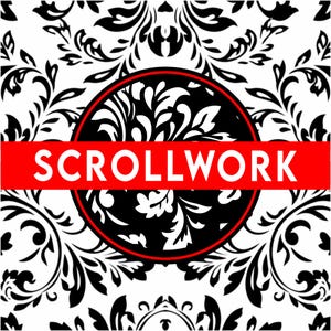 May include: Black and white scrollwork design with a red banner across the center. The banner reads "SCROLLWORK" in white capital letters. The design features a circular element with floral patterns.