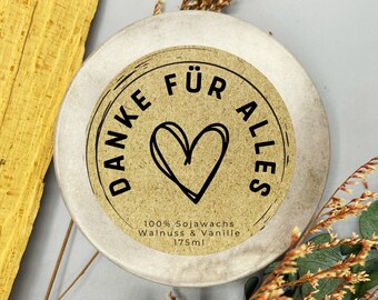 Danke sagen, Danke für alles. Vegane Duftkerze mit Deckel.  Duftkerze 100% handgegossen und handbesetzt aus dem Südschwarzwald