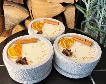 Concrete candle set 3x concrete grey "Grey Cinnamon" - Aroma scented candle with flower decoration and HIGH-QUALITY cotton wick from the Southern Black Forest