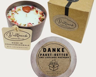 Scented candle "Package Rescuer & Favorite Neighbor" | Personalized Thank You Gift | Soy wax with dried flowers | Gift for receiving packages | Handmade