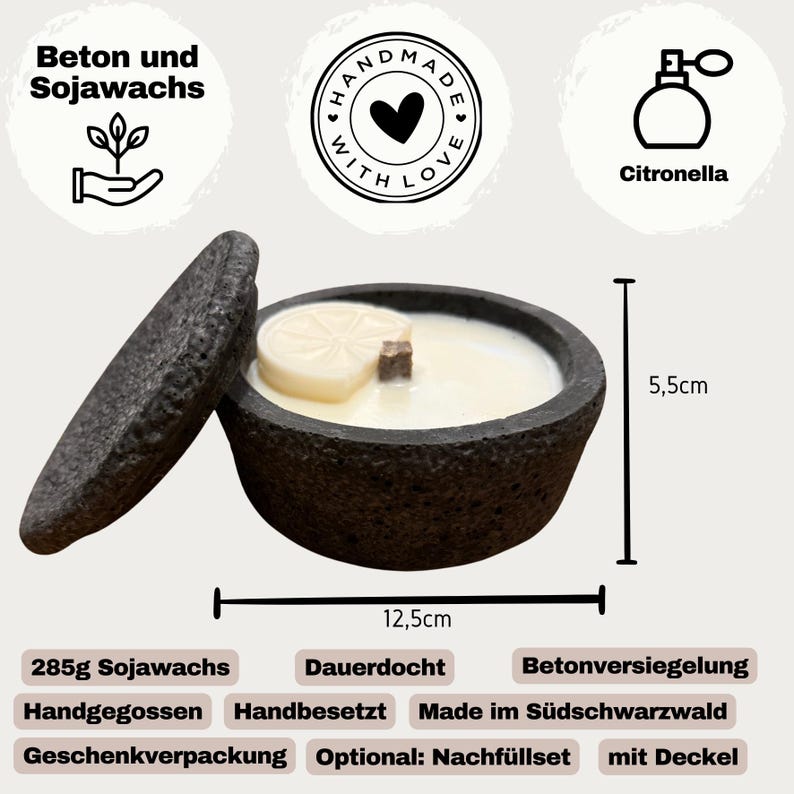 May include: A dark gray concrete candle with a lid, measuring 12.5 cm in diameter and 5.5 cm high. The candle contains soy wax and a wooden wick, and is scented with citronella. The label reads "Handmade with Love."