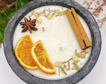 Concrete candle with lid "Black Orange" • Vanilla Toffee scent • Handmade unique item • Outdoor & indoor decoration • Winter gift