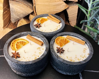 Handmade concrete candle set 3x Black "Black Cinnamon" aromatherapy candle with flower decoration from the Southern Black Forest