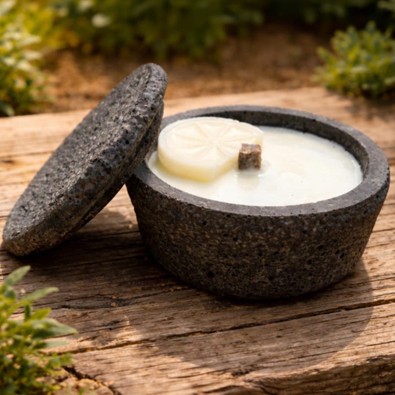 May include: A dark gray stone bowl with a lid, filled with white wax and a decorative candle. The candle has a citrus slice design and a small wooden cube. The bowl sits on a wooden surface.