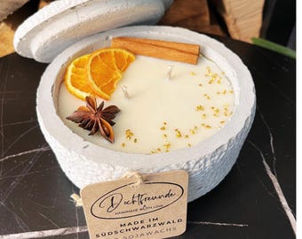 Concrete candle handmade "Grey Cinnamon" aromatherapy candle with flower decoration and HIGH-QUALITY cotton wick from the Southern Black Forest