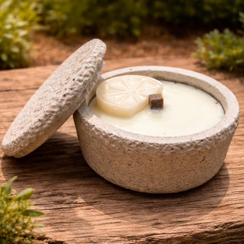 May include: A round, light gray stone candle holder with a matching lid. Inside, a white candle with a lemon slice design and a small brown cube are visible. The candle holder sits on a wooden surface, with greenery in the background.