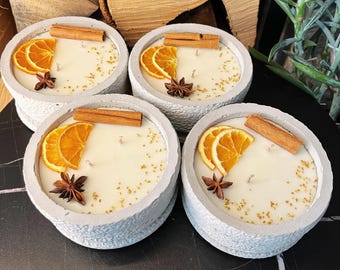 Concrete candle set 4x "Grey Cinnamon" - Aromatic scented candle with flower decoration and HIGH-QUALITY cotton wick from the Southern Black Forest