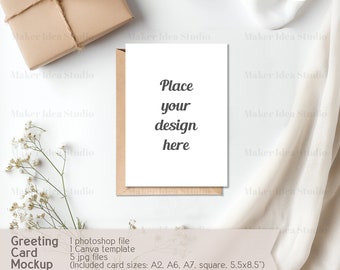 Greeting card mockup, kraft envelope, editable drag and drop Canva template, photoshop smart object 5x7, A2 card vertical format PSD JPG PDF
