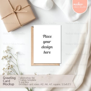 Maquette de carte de voeux, enveloppe kraft, modèle Canva modifiable par glisser-déposer, objet intelligent photoshop 5 x 7, carte A2 au format vertical PSD JPG PDF