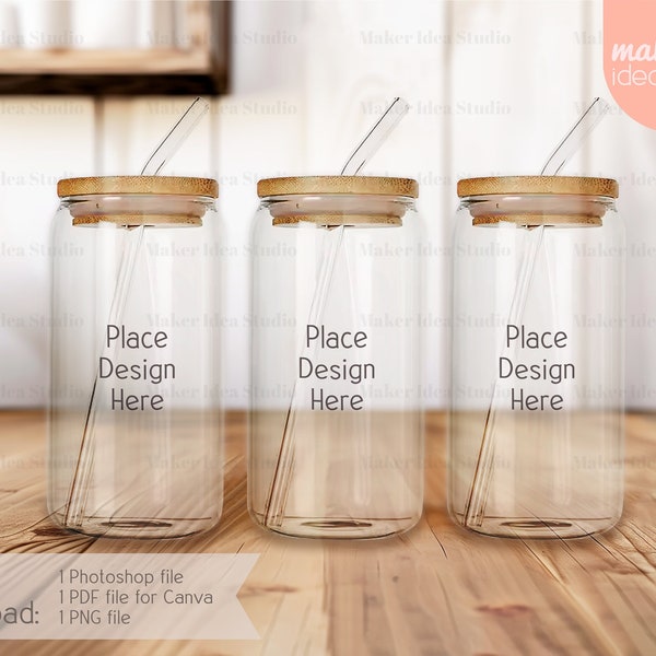 16oz Libbey Glass Can Mockup Clear Beer Can Glass Boho Mock up Smart Canva Template Smart Object Photoshop Mockup PNG PSD PDF Drag and Drop