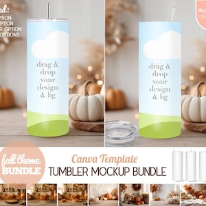 May include: Two cylindrical tumblers with straws, featuring a light blue sky, white cloud, and green grass graphic. The text reads drag & drop your design & bg. Includes a clear lid option and a digital template for customization.