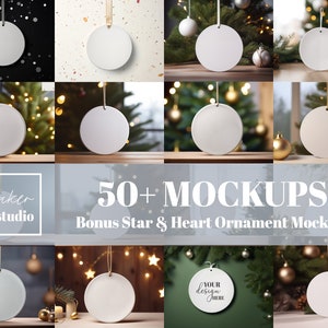 May include: A set of 50+ round, white, blank ornament mockups. The ornaments are hanging from a string and are displayed against a variety of backgrounds, including a black and white speckled background, a white background with confetti, a green Christmas tree, and a wooden surface. The text "50+ MOCKUPS" and "Bonus Star & Heart Ornament Mockups" is displayed in white text on a light blue background.