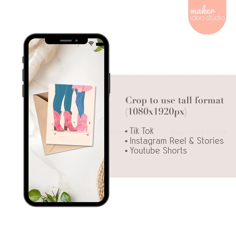 May include: A greeting card with a couple wearing pink cowboy boots. The card has a white background with pink and white glitter accents.