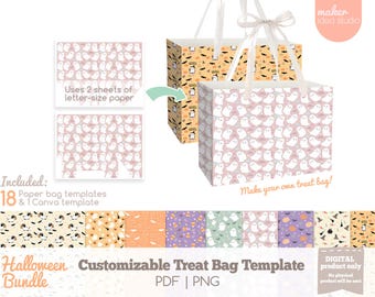 Halloween Bag Template, Halloween Treat Bag, Halloween Patterns, Halloween Craft, Paper Bag SVG, Trick or Treat bag Candy Holder Party Favor