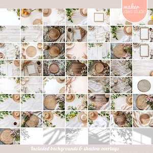 May include: A collection of 36 digital backgrounds and shadow overlays featuring a variety of textures and elements, including wood, fabric, straw, and greenery. The backgrounds are perfect for creating flat lay product photos or social media graphics.