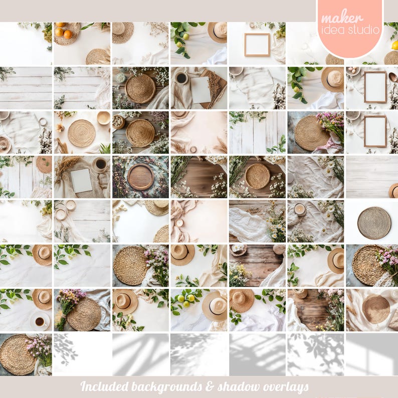May include: A collection of 36 digital backgrounds and shadow overlays featuring a variety of textures and elements, including wood, fabric, straw, and greenery. The backgrounds are perfect for creating flat lay product photos or social media graphics.