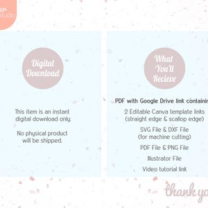 May include: Digital download graphic with text: "Digital Download" and "What You'll Recieve". Includes PDF with Google Drive link, 2 Canva template links, SVG & DXF files, PDF & PNG files, Illustrator file, and video tutorial link.