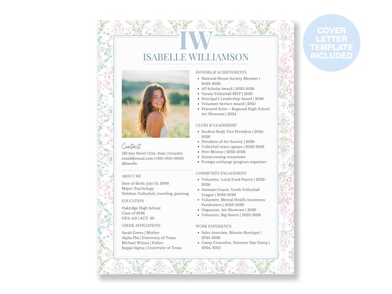 Sorority Resume Template with Photo | Sorority Resume and Cover Letter | Rush Resume Template | PNM | Floral | Recruitment Packet | Monogram