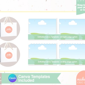 May include: White shopping bag with a peach-colored circle logo and the text "maker idea studio." The image also includes Canva templates with blue skies, green fields, and the text "Editable Canva Template." The words "Canva Templates Included" are also visible.