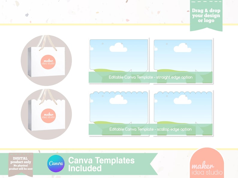 May include: White shopping bag with a peach-colored circle logo and the text "maker idea studio." The image also includes Canva templates with blue skies, green fields, and the text "Editable Canva Template." The words "Canva Templates Included" are also visible.