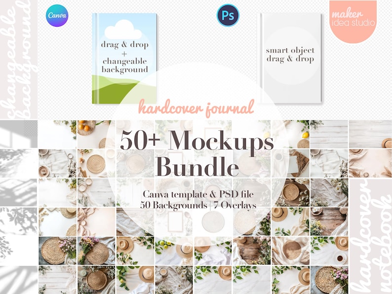 May include: A collage of 50+ mockups for a hardcover journal. The mockups feature a variety of backgrounds and overlays, including a white background with a green and brown landscape, a white background with a white cloud, and a white background with a white circle. The text "drag & drop + changeable background" is on the green and brown landscape mockup. The text "smart object drag & drop" is on the white cloud mockup. The text "hardcover journal" is in pink and the text "50+ Mockups Bundle" is in black. The text "Canva template & PSD file 50 Backgrounds 7 Overlays" is in black.