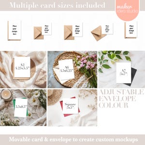 May include: A mockup set of blank cards and envelopes in various sizes, including A2 (4.25x5.5 inches), A6 (4.5x6.25 inches), A7 (5x7 inches), and a 5.5x8.5 inch card. The cards are displayed on a variety of surfaces, including a white table, a wicker placemat, and a white cloth. The text "Adjustable Envelope Colour" is displayed at the bottom of the image.
