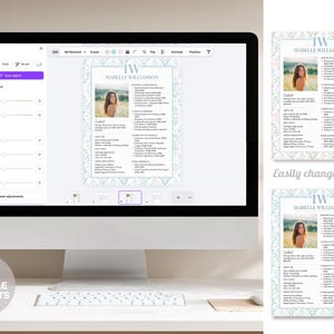Puede incluir: Un monitor de computadora muestra una plantilla de curr&iacute;culum vitae para "Isabelle Williamson" con una foto y un borde floral. El texto "FULLY EDITABLE ELEMENTS" es visible. El texto "Easily change colors!" tambi&eacute;n es visible.