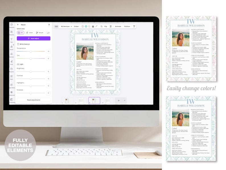 Puede incluir: Un monitor de computadora muestra una plantilla de curr&iacute;culum vitae para "Isabelle Williamson" con una foto y un borde floral. El texto "FULLY EDITABLE ELEMENTS" es visible. El texto "Easily change colors!" tambi&eacute;n es visible.