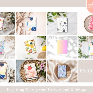 May include: A collection of mockups featuring various designs for notebooks and journals. The designs include donuts, fruit, flowers, and abstract patterns. The mockups are displayed on a variety of backgrounds, including white, wood, and fabric.