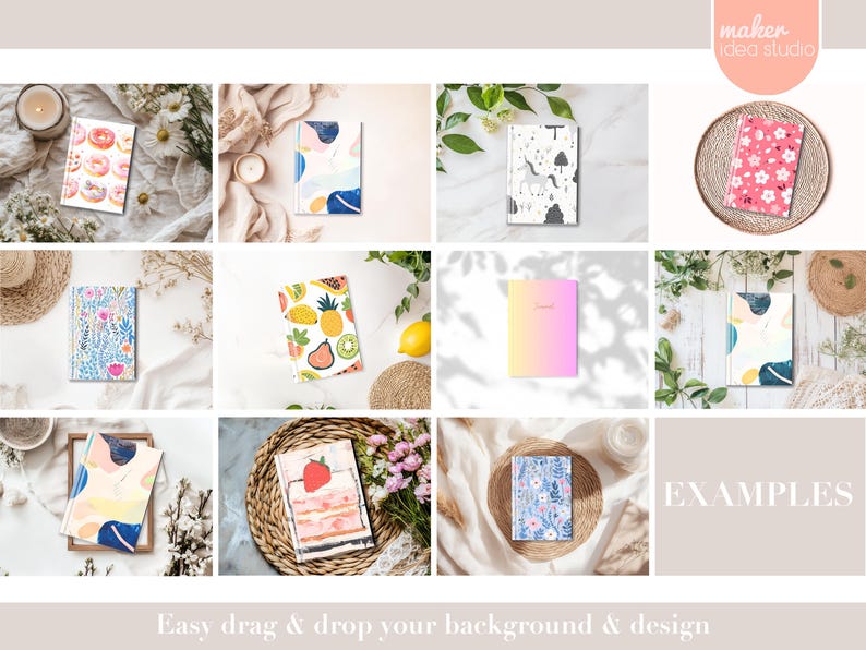 May include: A collection of mockups featuring various designs for notebooks and journals. The designs include donuts, fruit, flowers, and abstract patterns. The mockups are displayed on a variety of backgrounds, including white, wood, and fabric.