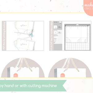May include: The image shows instructions for cutting and assembling paper gift bags. The top left shows PDF files for printing and cutting, with scissors. The top right shows SVG and DXF files for machine cutting. The bottom shows two white gift bags with handles. Text reads "Cut by hand or with cutting machine."