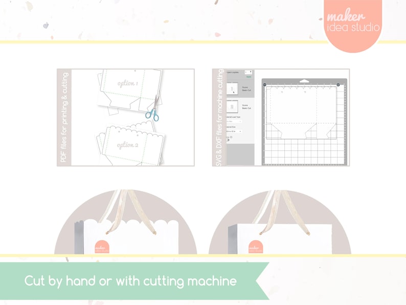 May include: The image shows instructions for cutting and assembling paper gift bags. The top left shows PDF files for printing and cutting, with scissors. The top right shows SVG and DXF files for machine cutting. The bottom shows two white gift bags with handles. Text reads "Cut by hand or with cutting machine."