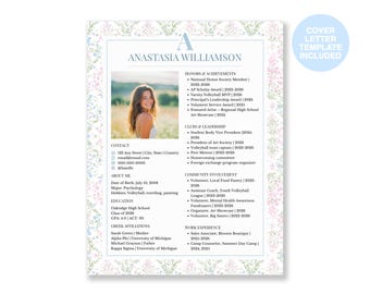 Plantilla de currículum para hermandad con foto / Currículum y carta de presentación para hermandad / Plantilla de currículum para aspirantes / Currículum para candidatas a miembro / Diseño floral femenino