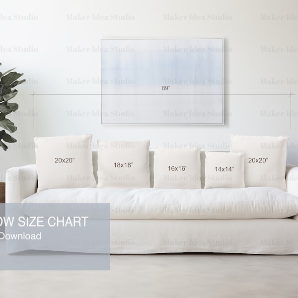 Pillow Mockup Size Chart, Square Cushion Mockup, Generic Brand Pillow Size Chart, Pillow Sizing Chart Mockup, Throw Pillow Standard Size