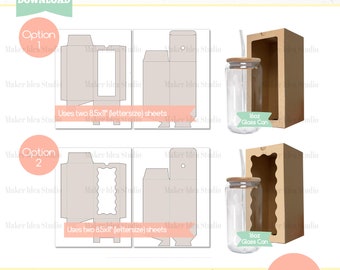 16oz Can Glass Box Template Beer Can Glass Gift Box Template Glass Can Window Box Cut Files on letter size sheets, svg png dxf pdf ai