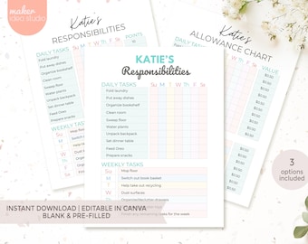 Responsibility Chore Chart for Kids, Editable Kids Chore List, Daily Routine Checklist, Allowance Tracker Printable PDF DIGITAL download