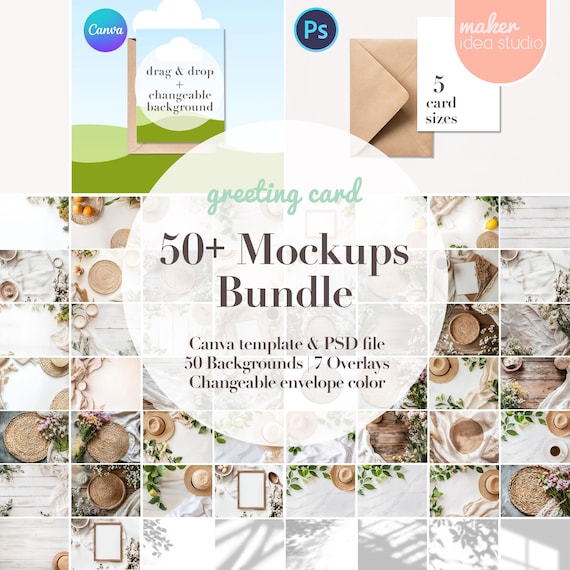Greeting Card Mockup Bundle Drag and Drop Canva Template, POD Invite Invitation Stationary Postcard Birthday Card, Photoshop Flatlay Mockup
