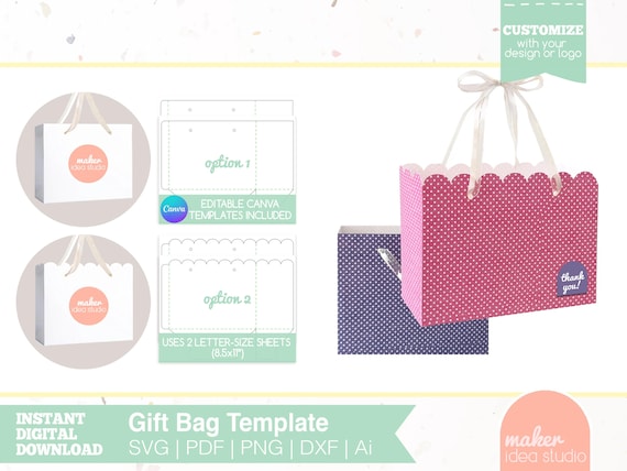 Paper Bag Template, Editable Canva Template, SVG, & PDF Printable, Birthday Gift Bag, Goodie bag Treat Bag Party Favor, Scallop top Cut File