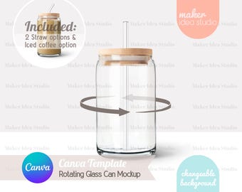 Rotating Libbey Glass Can Mockup Canva Drag and Drop Beer Can Glass 16oz Clear Glass Can Mockup POD Sipper Glass Spinning Mock up Custom