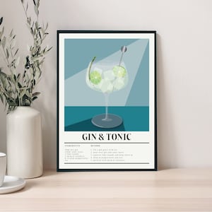Impresión de cóctel de gin tonic con receta, sin marco, tamaño A4/A3/A2, regalo de cóctel, arte mural clásico, cocina, arte moderno, regalo, decoración del hogar