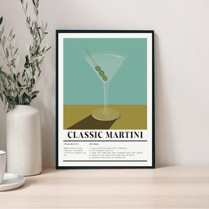 Impresión de cóctel Martini con receta, sin marco, tamaño A4/A3/A2, regalo de cóctel, arte mural clásico, cocina, arte moderno, regalo, decoración del hogar
