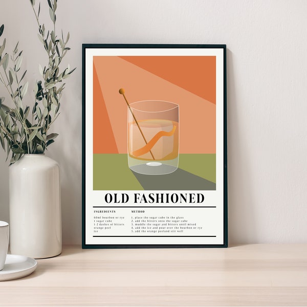 Old Fashioned Cocktail Print with Recipe, Unframed, A4/ A3/ A2, Cocktail Gift, Classic Wall Art, Kitchen, Modern Art, Gift, Home Decor