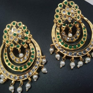 Hyderabadi jadau double chandbali earrings in navratan and pearls , indian jewellery